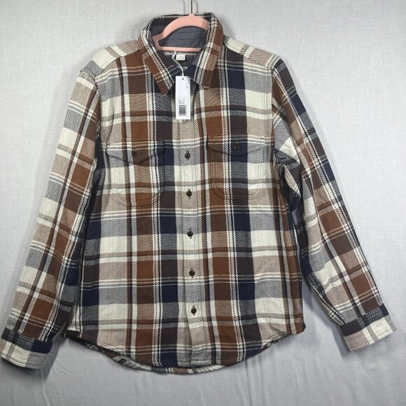 Outerknown Blanket Shirt Mens Medium Brown Blue Plaid Organic Cotton Flannel - Picture 1 of 9